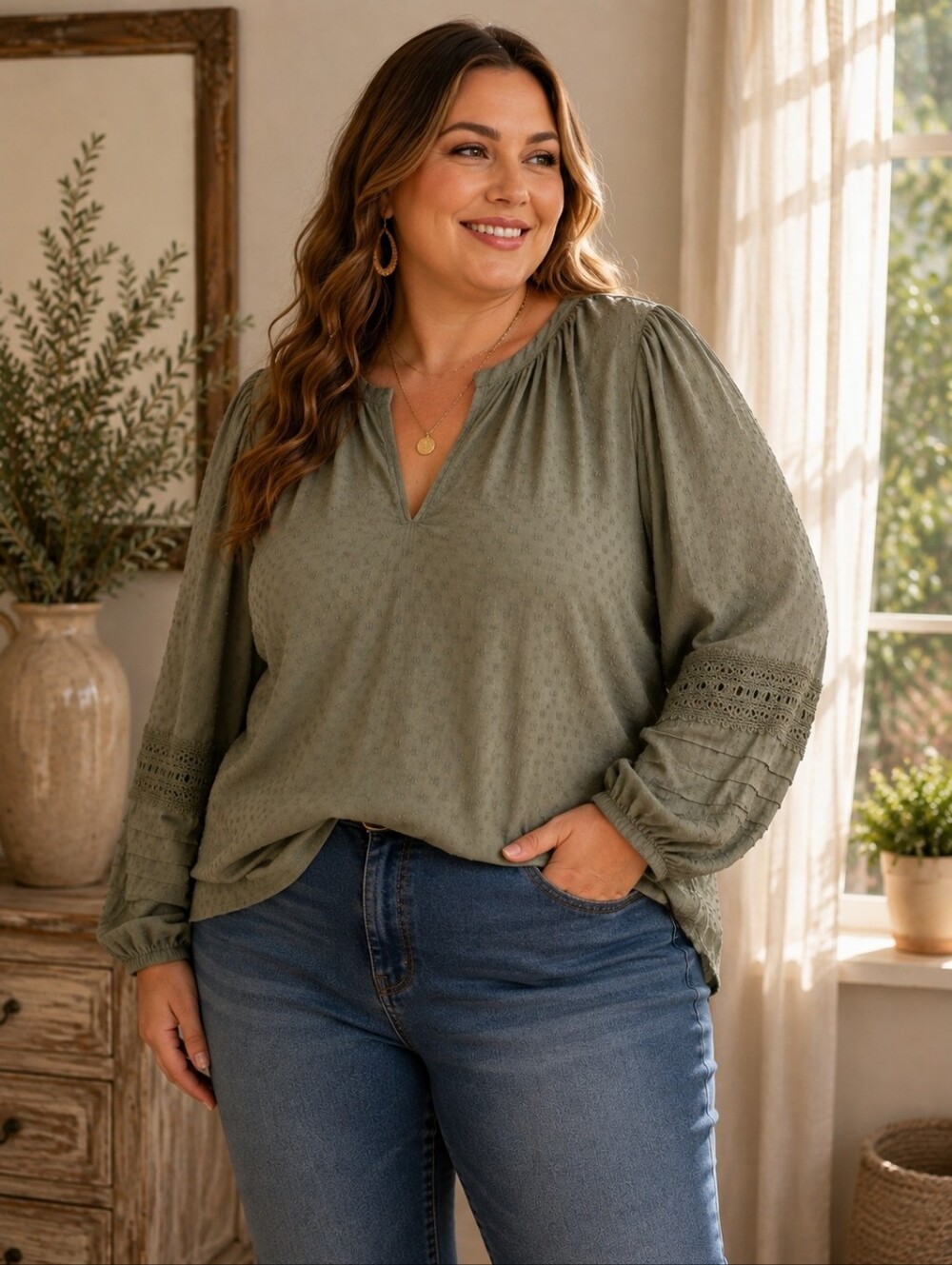 🐈Falls Creek Olive Green Blouse with Lace Sleeves